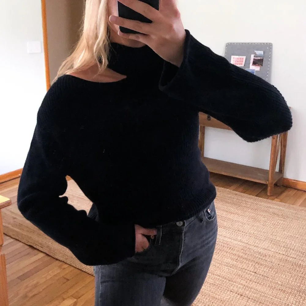 RtA 100% Cotton Langley Black Tight Knit Cut Out High Neck Designer Sweater XS